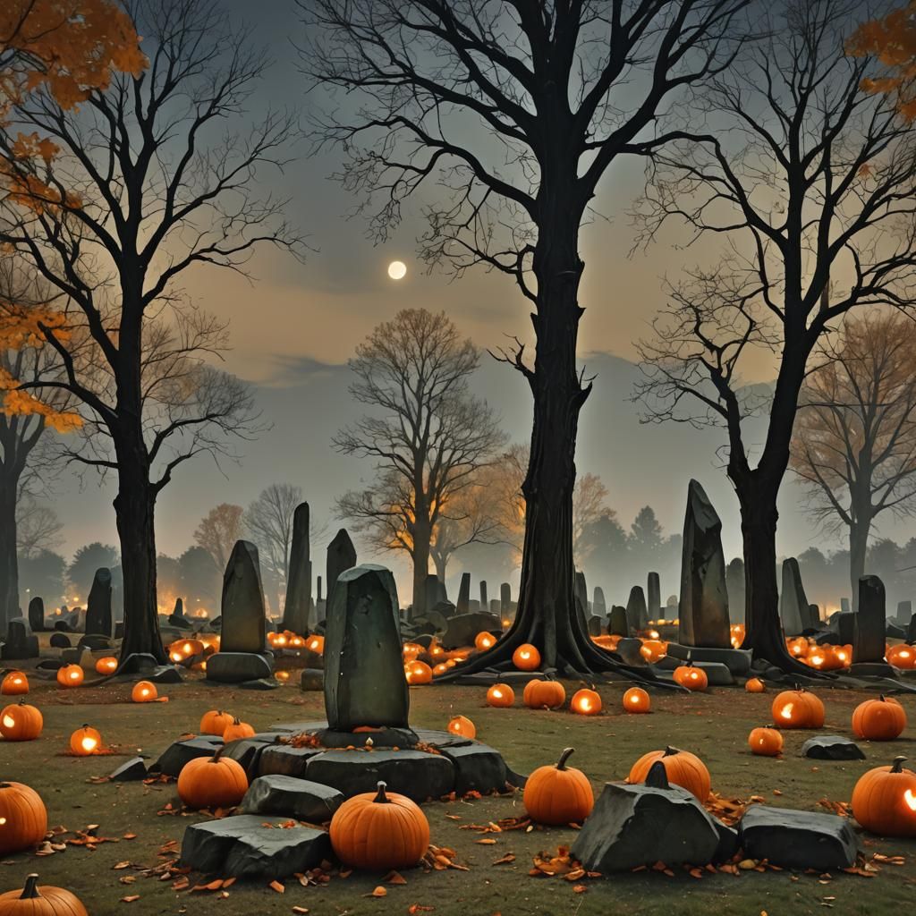 Harvest Night: Pumpkins and Standing Stones in Wireframe