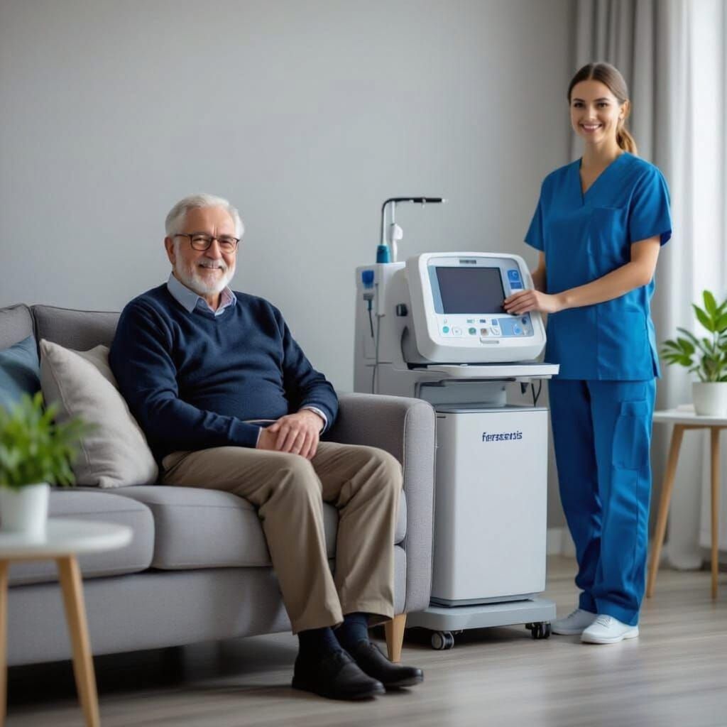 Elderly Man Relaxing on Sofa with Home Dialysis Machine