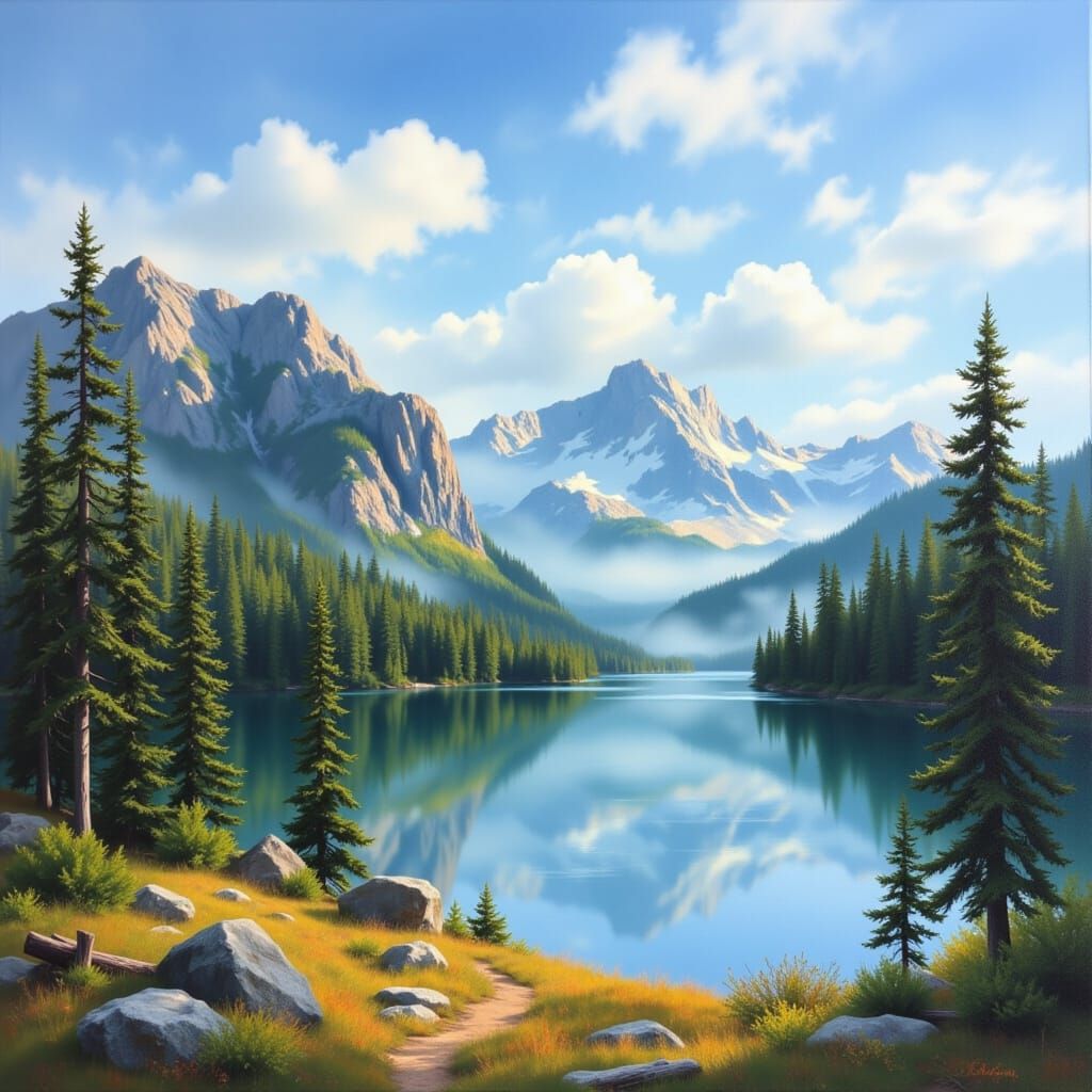 A happy landscape with mountains and pine trees by a lake in...