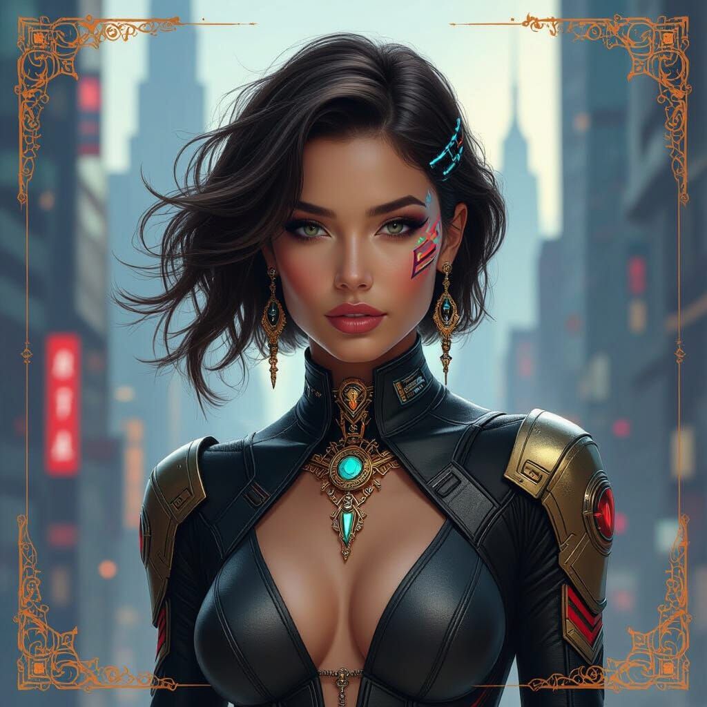 Cyberpunk Woman in Art Deco Cityscape with Metallic Accents