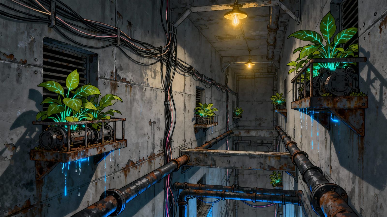 Industrial Hallway with Live Wires and Growing Plants