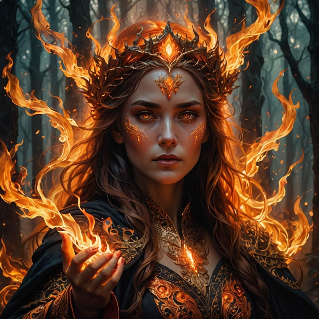 Lady of Fire Portrait in Mystical Forest