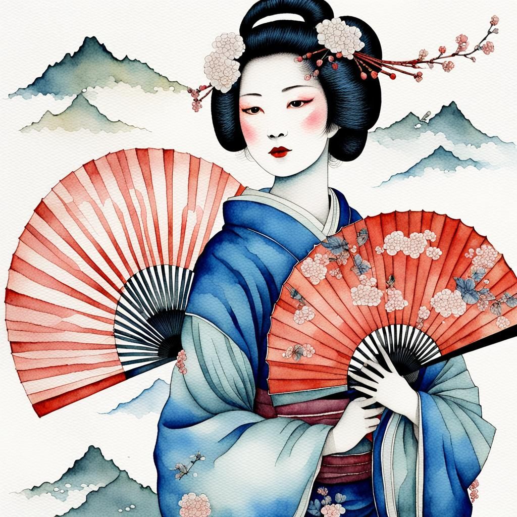 Elegant Geisha with Fan in Watercolor Style