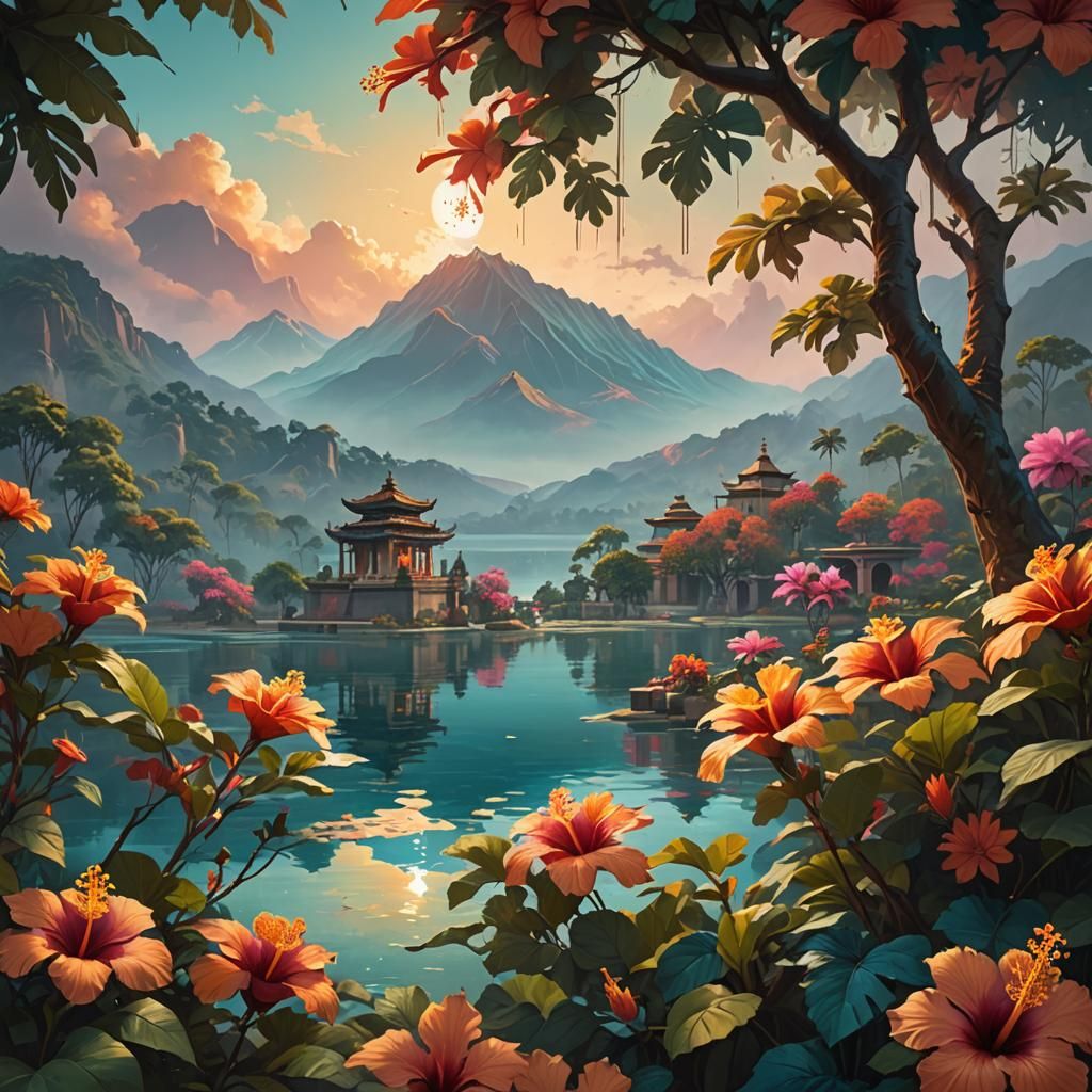 Hibiscus Bloom by Lake, Splash Art Style