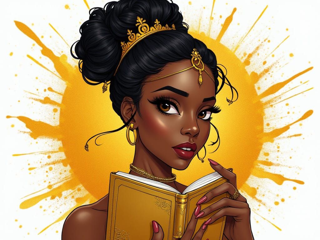 Regal Afrocentric Goddess with Golden Crown and Intricate Ey...