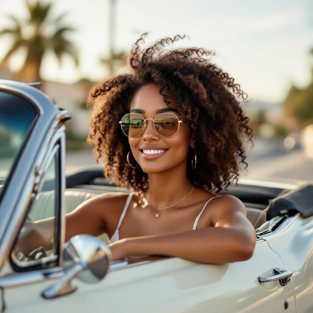 Man with Brown Skin Driving Convertible with Radio On