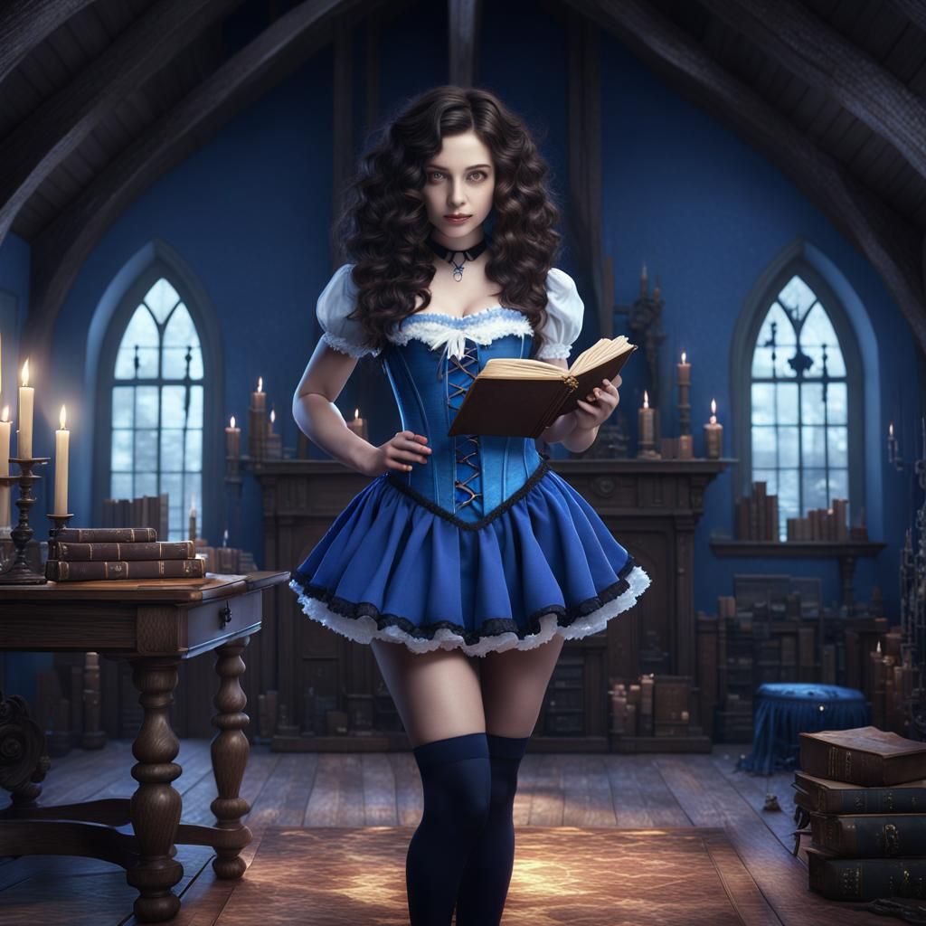 Beautiful Witch Reading Spellbook in Gothic House