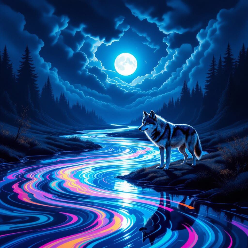 A majestic wolf, rendered in hyperrealistic detail, stands a...