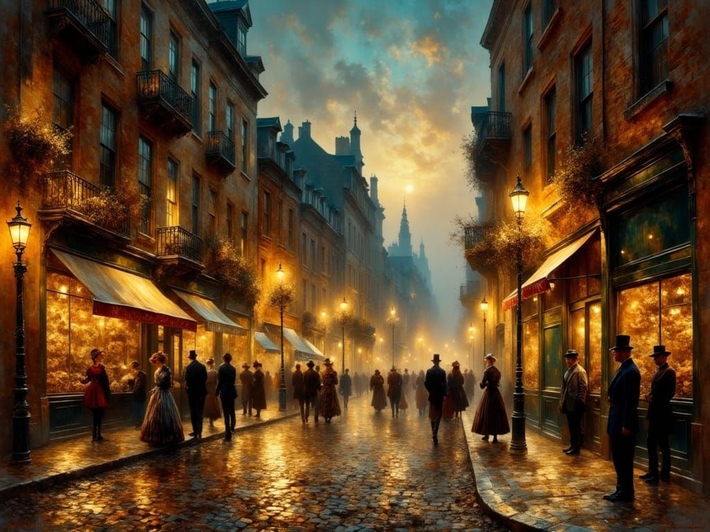 Victorian Cityscape at Magic Hour with Gaslights
