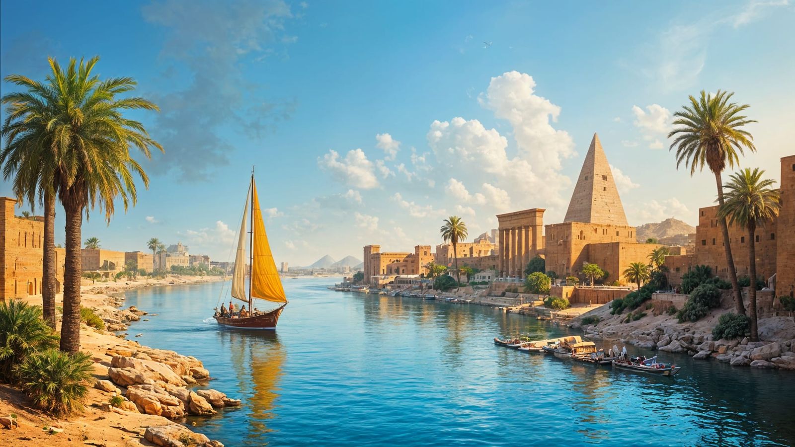 Nile River Scene: Feluccas Sail Past Ancient Monuments