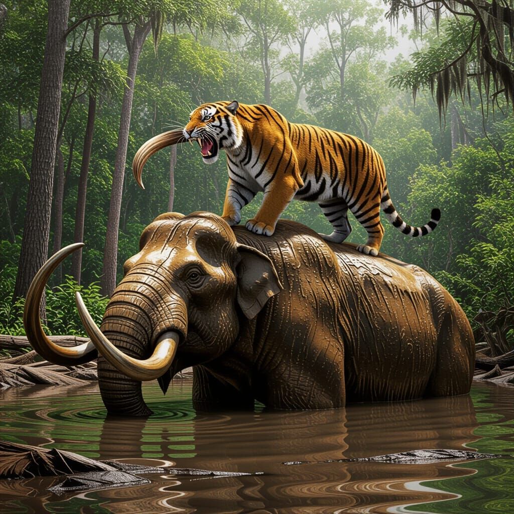 Saber-Toothed Tiger Over Mastodon in Tar Pits