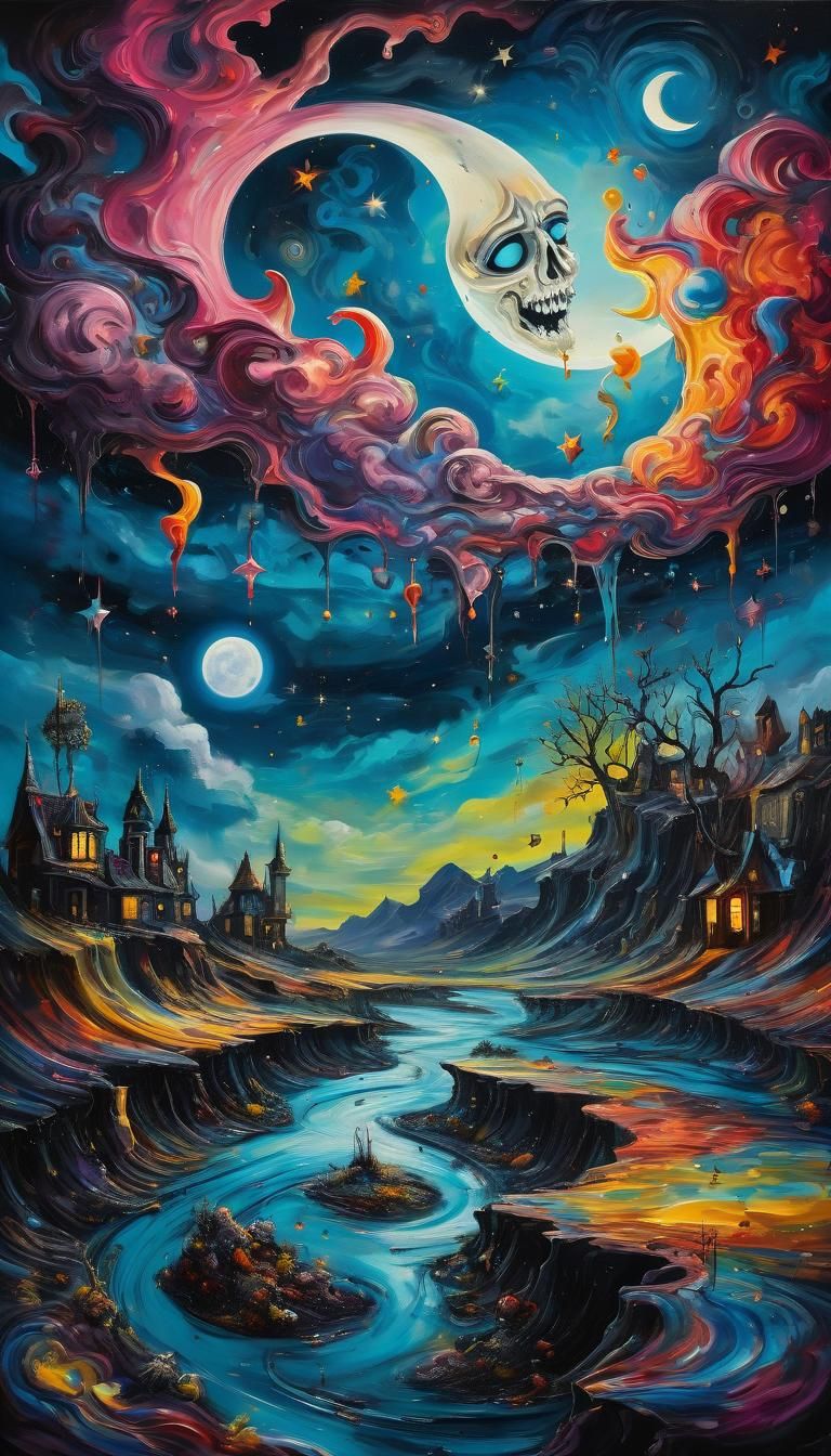 Surreal Oil Painting of a Dark, Dreamlike World