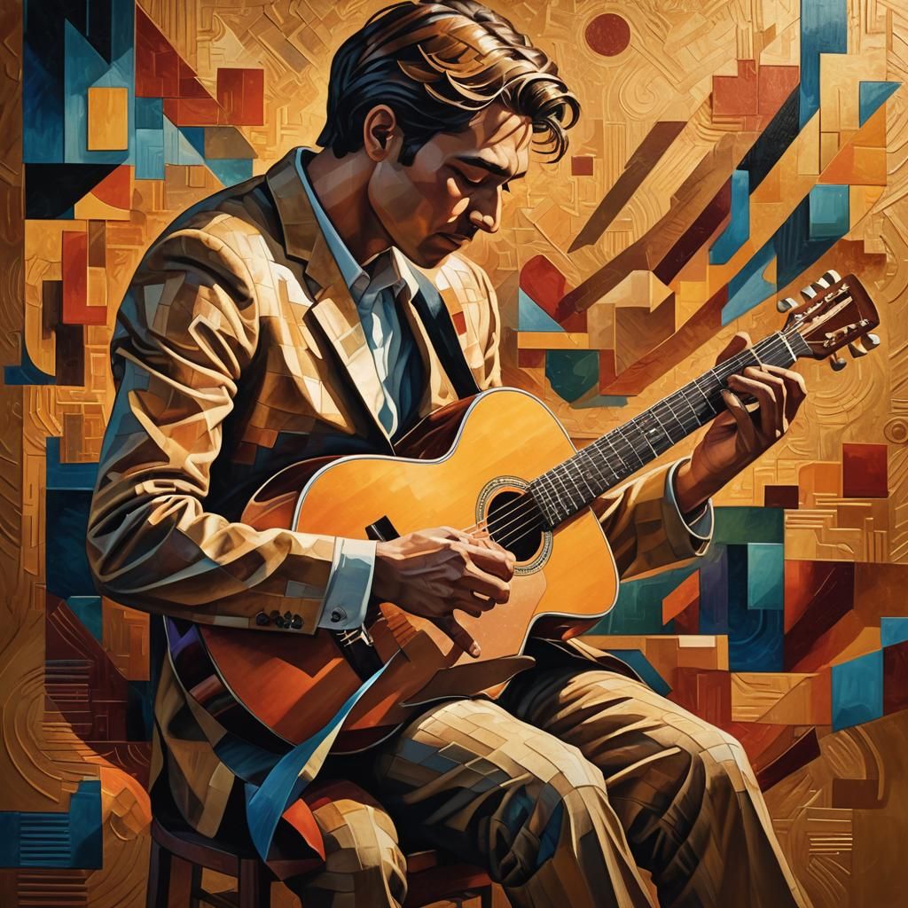 Musician's Guitar in Vibrant Cubist Splash Art