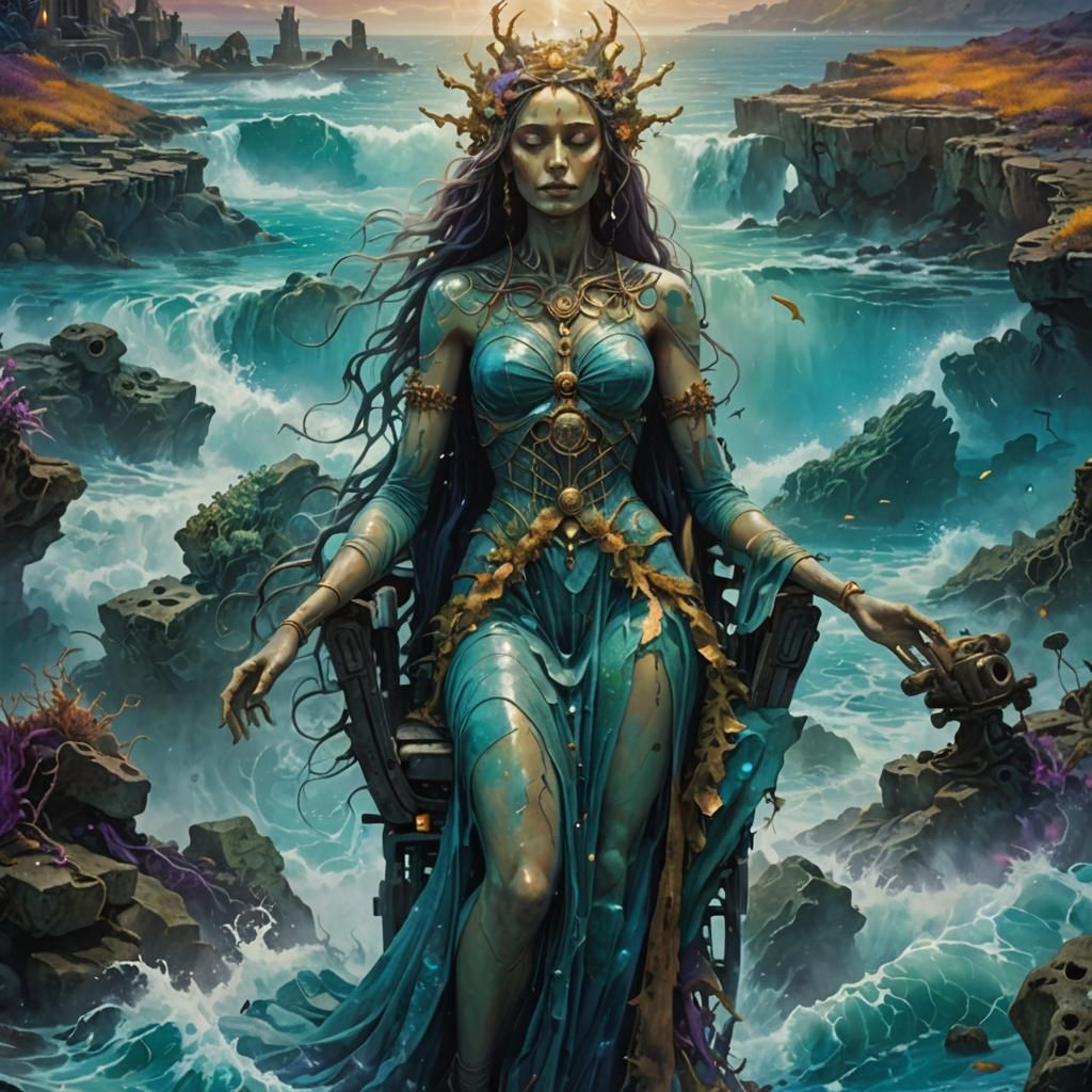 Goddess of Death and Water in Wheelchair, Surreal Oil Painti...