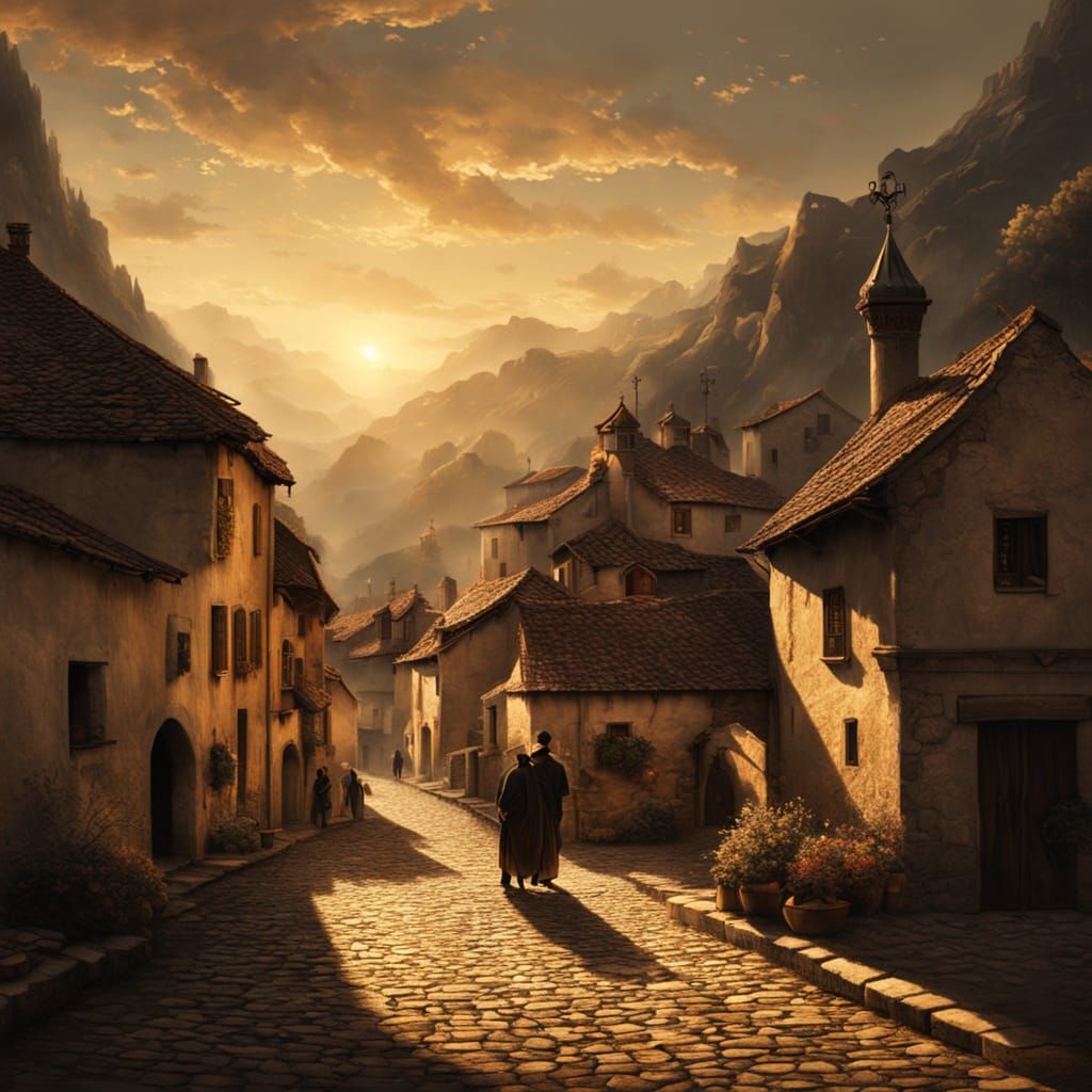 Baroque Village in Mountains with Dramatic Chiaroscuro