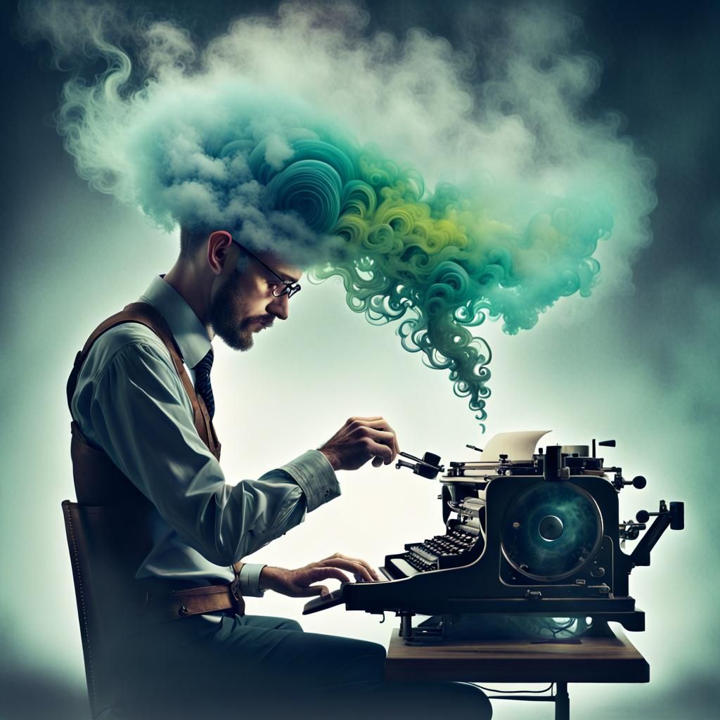 double exposure a writer at his typewriter in his sturdy wor...