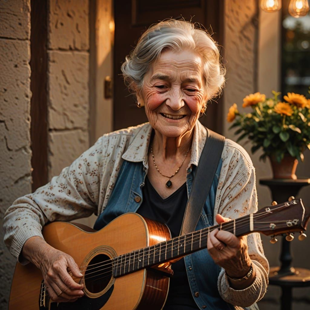 Warm Portrait of Elderly Woman Playing Guitar