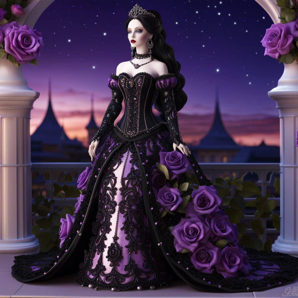Gothic Bride Doll on Veranda in Dark Fantasy