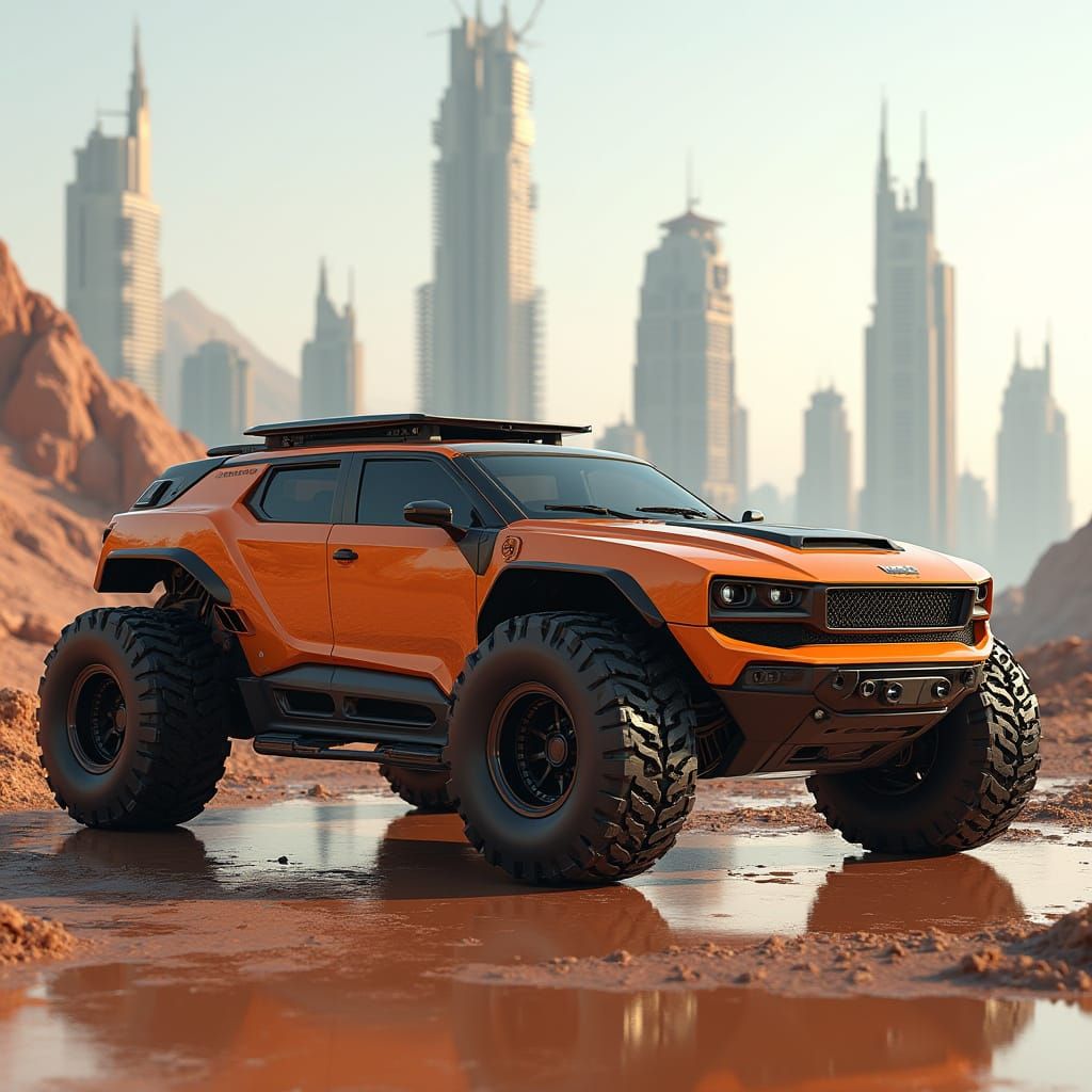 Rugged SciFi Mars Rover in Futuristic City