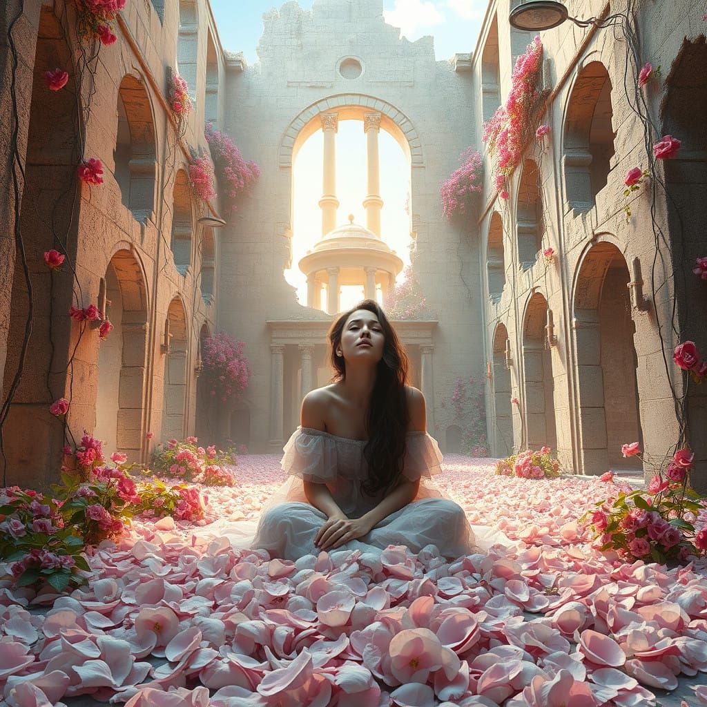 Ethereal Surrealist Scene of Woman Amidst Ancient Ruins