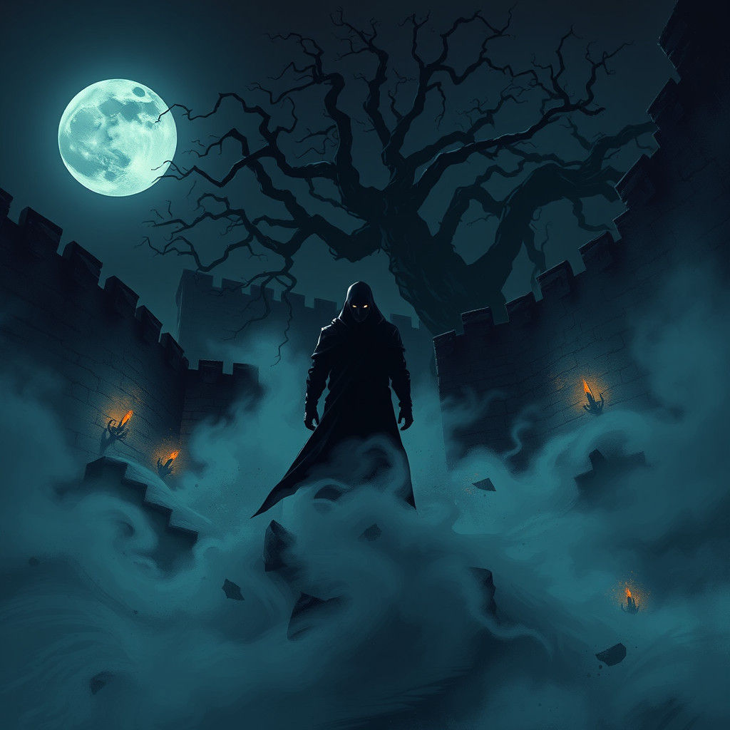 Mysterious Figure in Gothic Cityscape, Dark Art Style