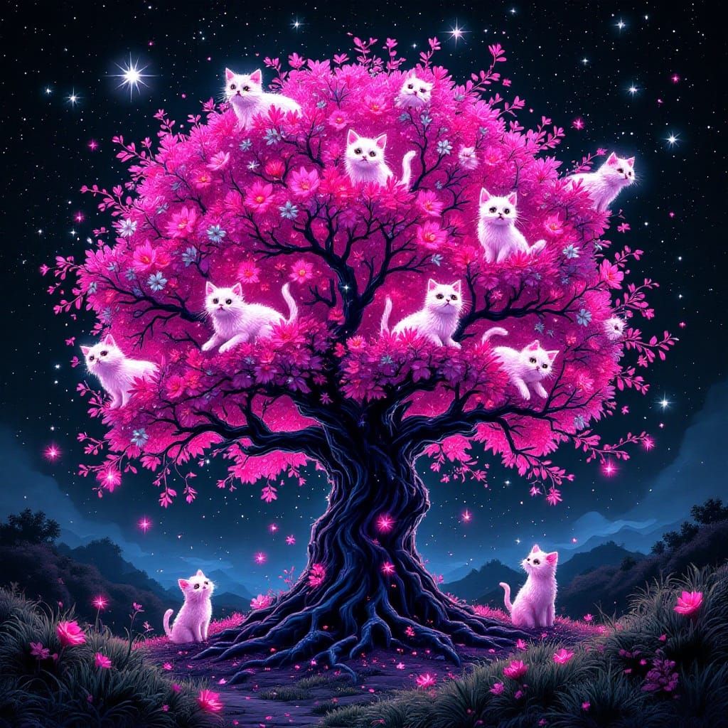 Surreal Pink Tree Adorned with Cats in Psychedelic Style