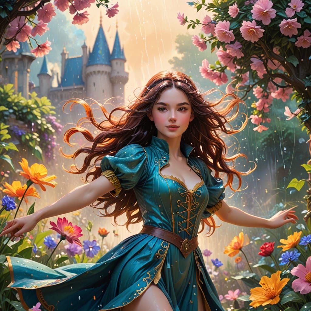 Vibrant Medieval Fantasy Dance in a Summer Rain Garden