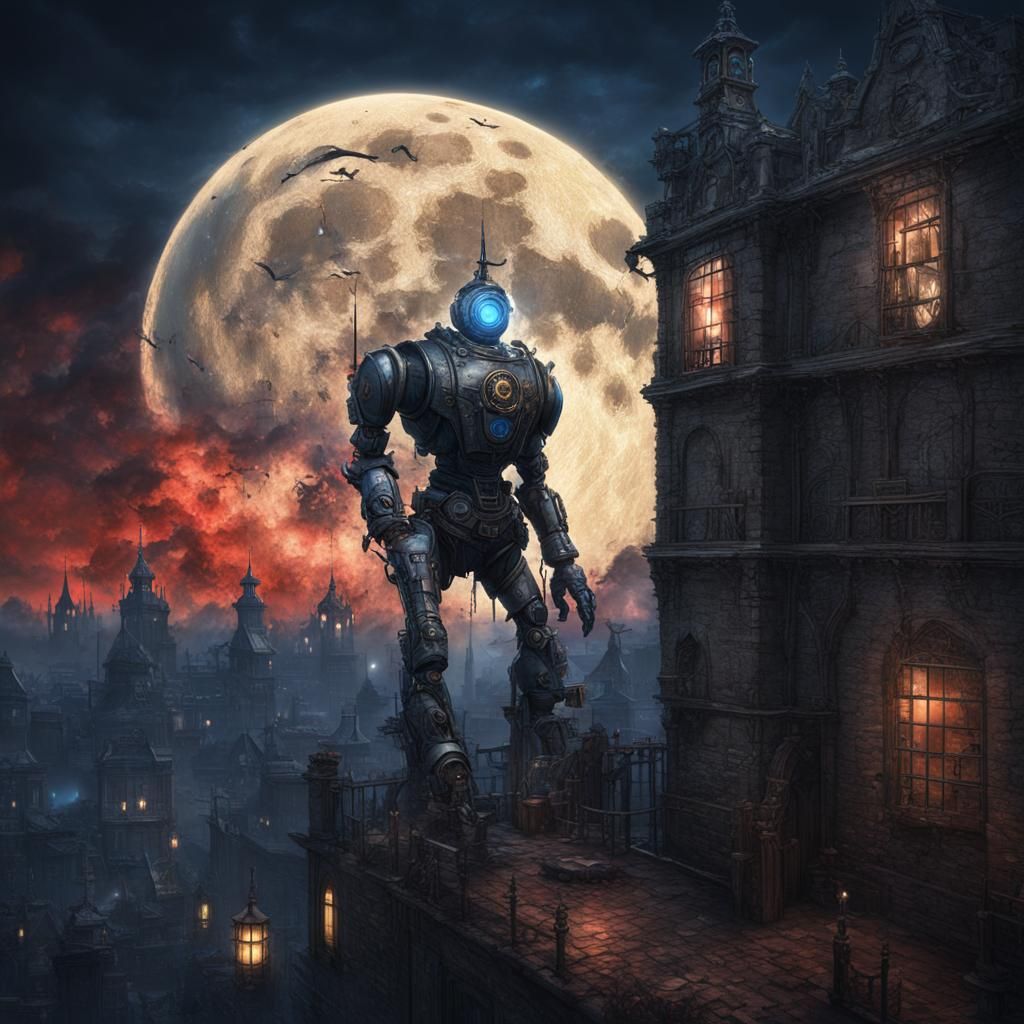 Steampunk Robot Climbs Wall Under Blue Moon
