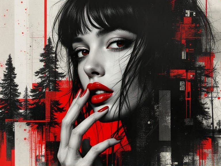 Gritty Urban Portrait with Crimson Lips, Geometric Abstracti...