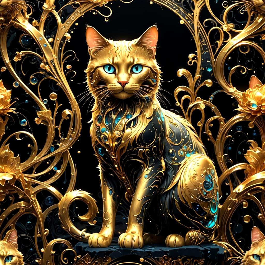 Bioluminescent Gold Cat in Art Nouveau Style