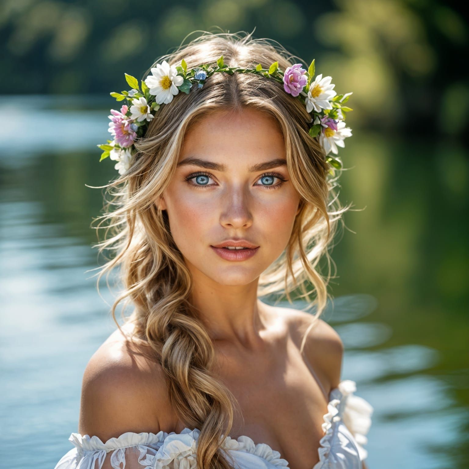 Young Queen of Life with Floral Wreath by Water
