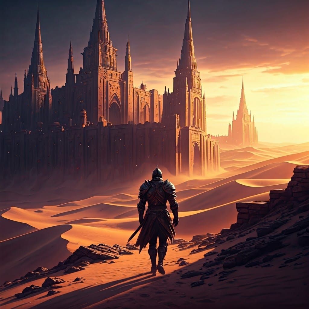 Majestic Desert Fortress at Sunset, Dark Fantasy Concept Art