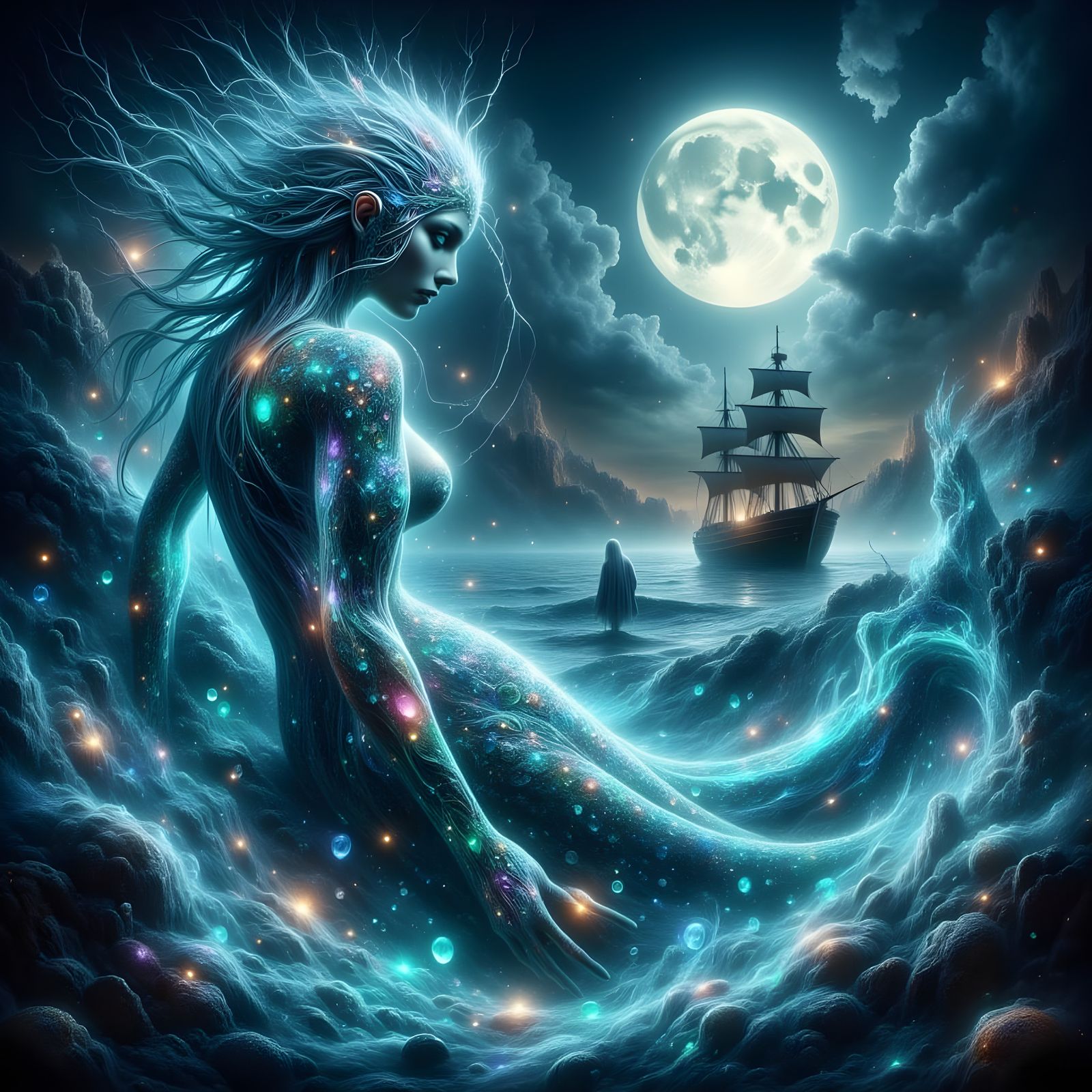 Ethereal Mermaid in Stormy Seascape with Gothic Sail