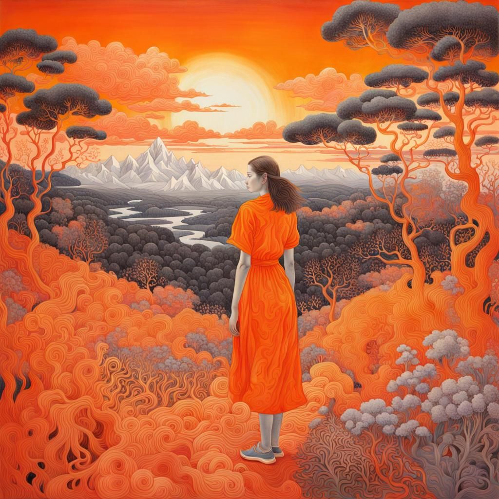 Monochromatic Orange Fantasy Landscape in Watercolor Style