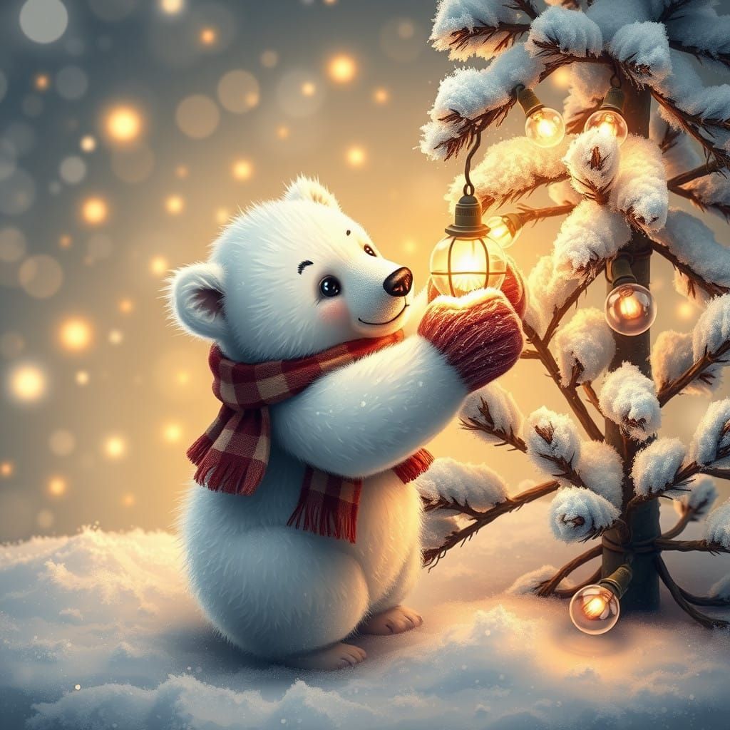 Polar Bear Cub Adorns Christmas Tree with Fairy Lights
