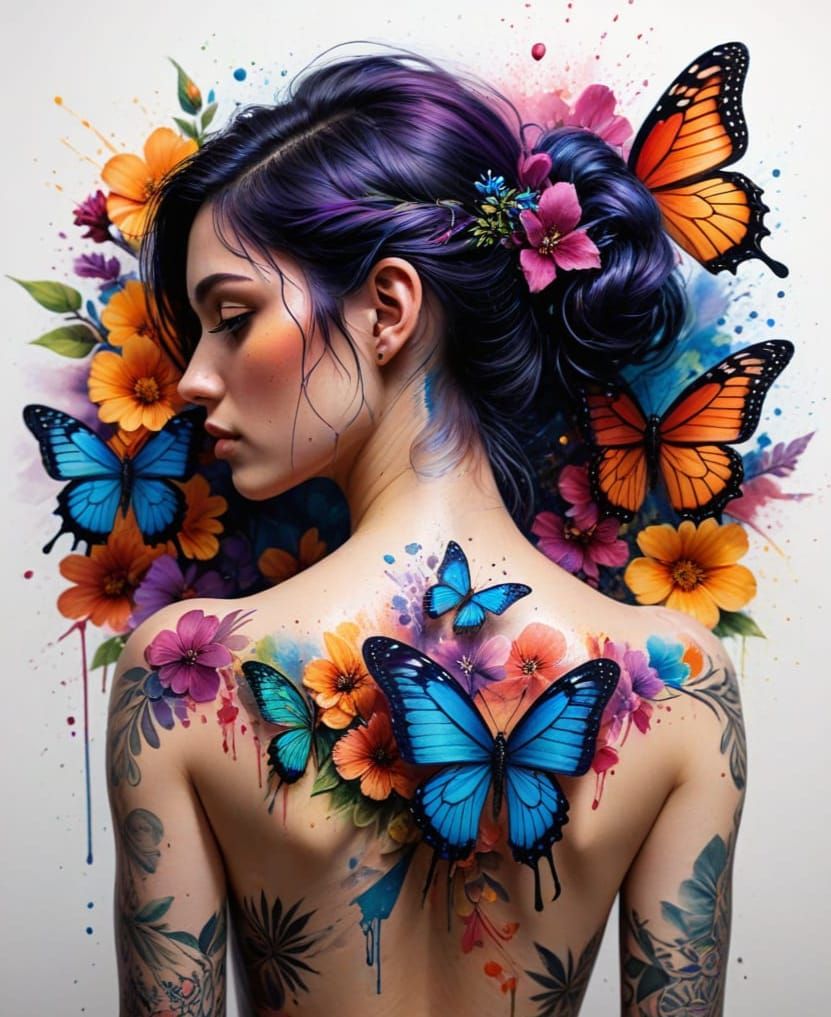 Watercolour Beauty with a Flying Butterfly Tattoo