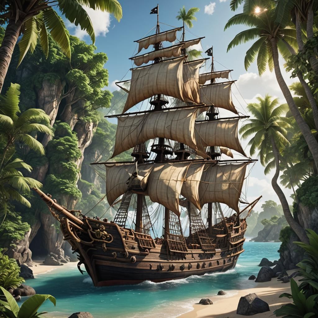 Pirate Ship in Tropical Island Bay Photorealistic Scene