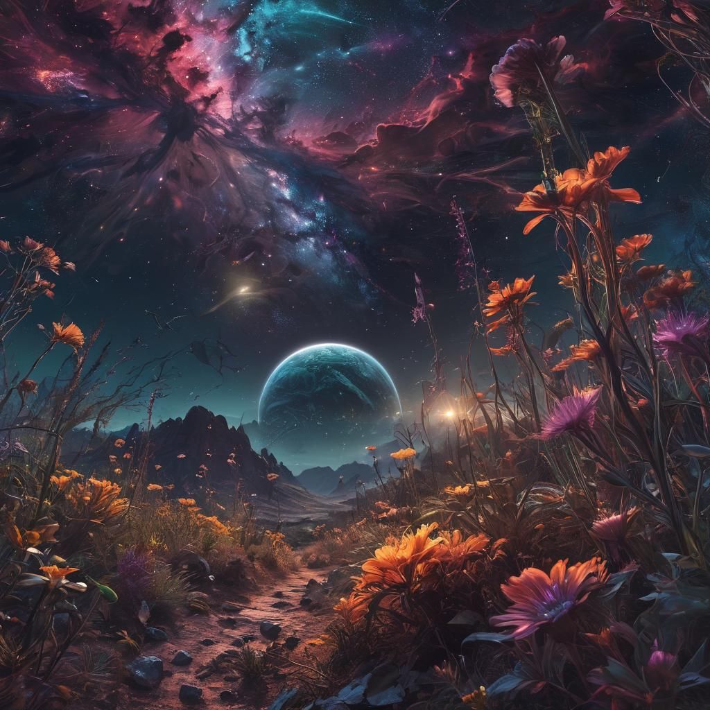 Cosmic Alien Planet with Celestial Light Streaks