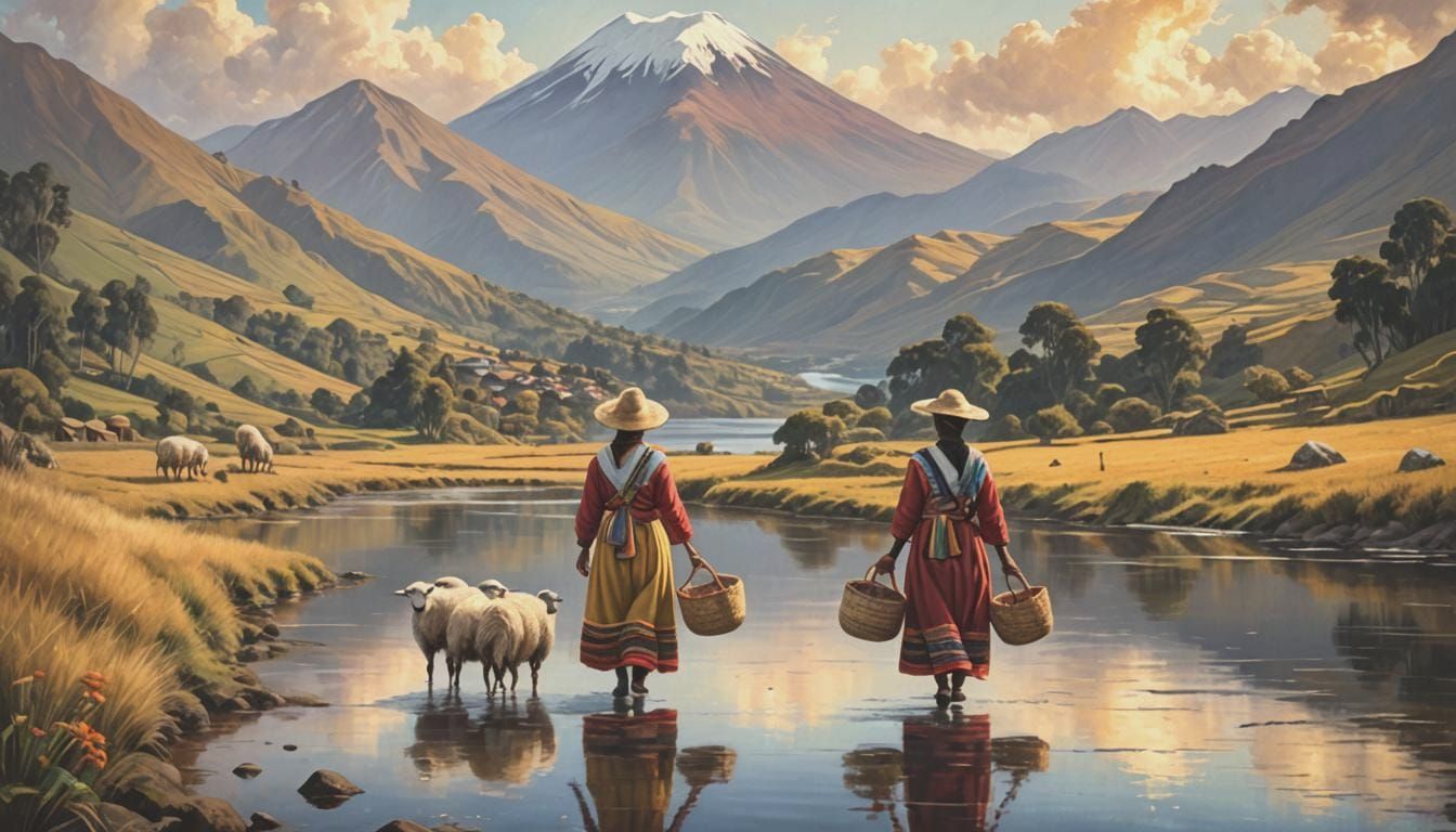 Ecuadorian Women by Andean Lake: Oil Painting