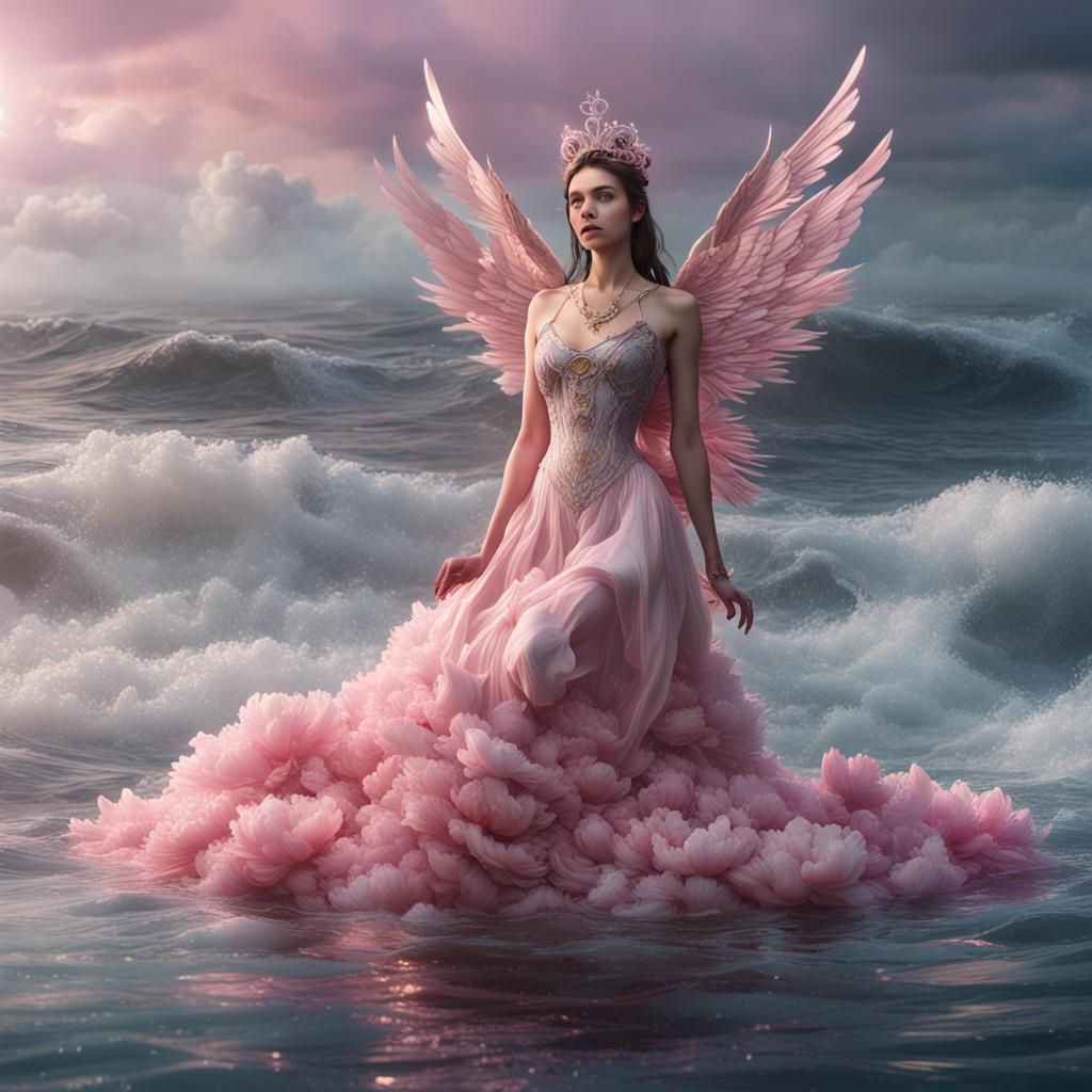 Hyperrealistic Undine with Peony Tiara on Ocean Waves