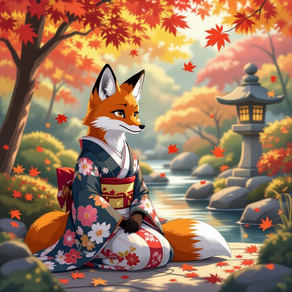 Kitsune in Autumn Garden Anime Style