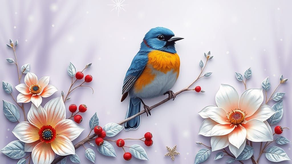 Bluejay in Whimsical Winter Landscape with Batik Flowers