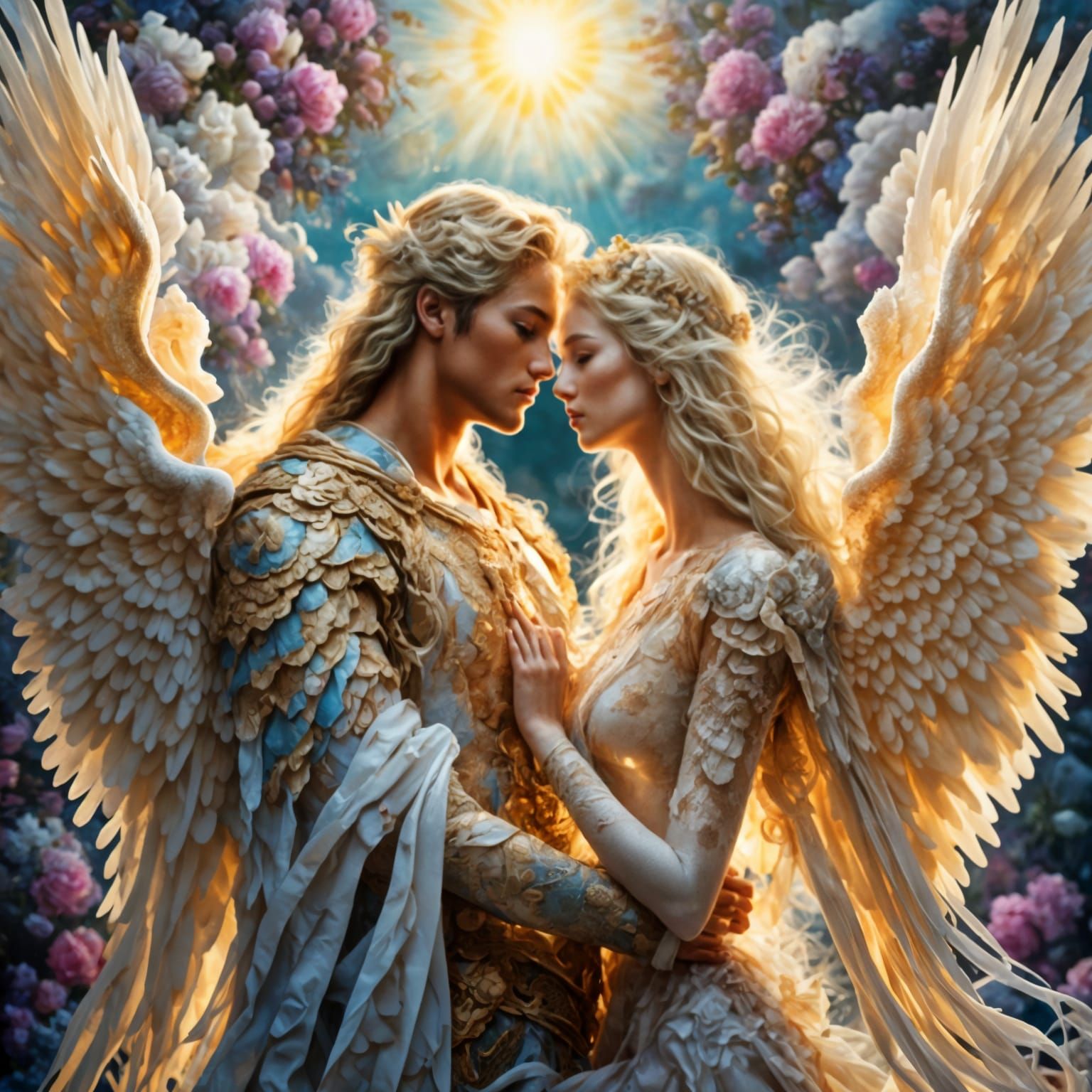 Angelic Reunion: Passionate Kiss in Midnight Garden