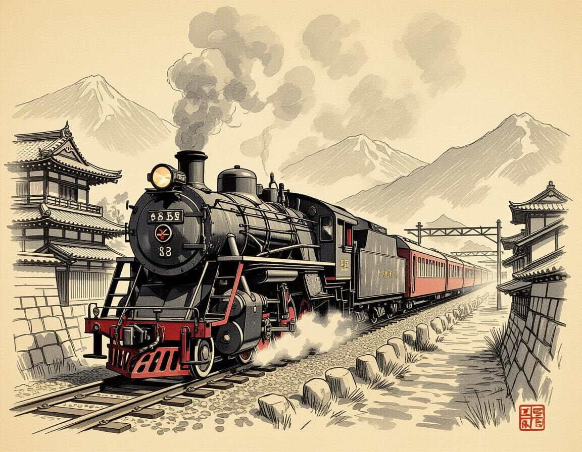 Japanese Train Launch as Charcoal Pencil Sketch