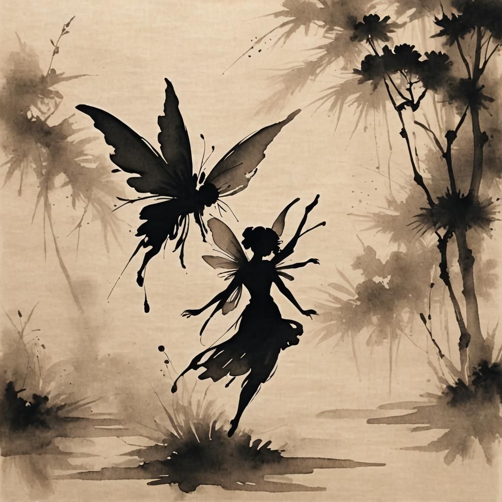 Elegant Ink Wash Fairy Silhouette in East Asian Style