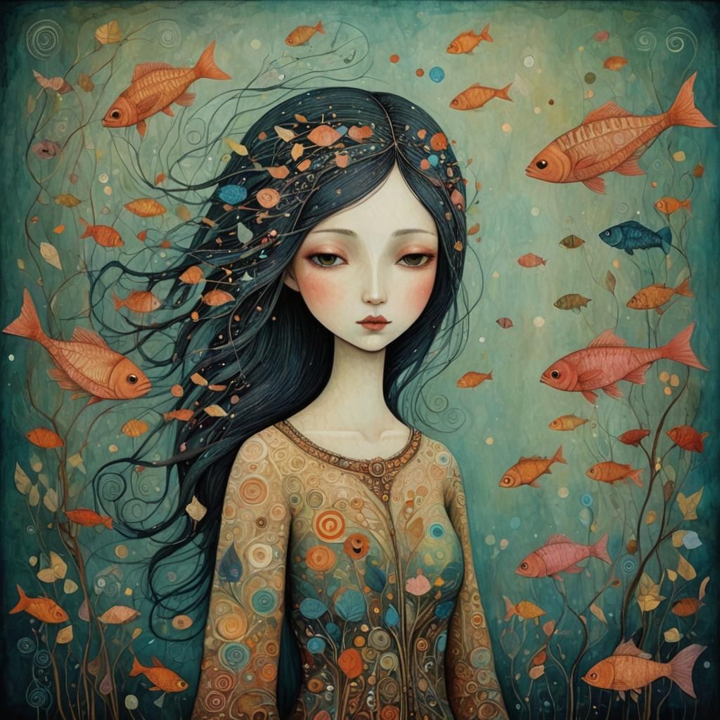 Dreamlike Woman-Fish in Art Brut Style