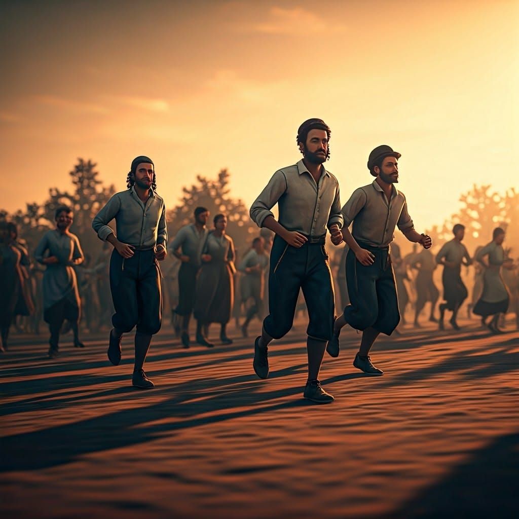 Hasidic Men Running in Sunny Vaporwave Landscape