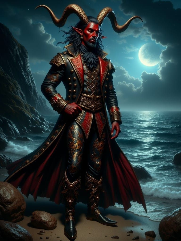 Elegant Demon Pirate on Rocky Seashore in Victorian Gothic S...