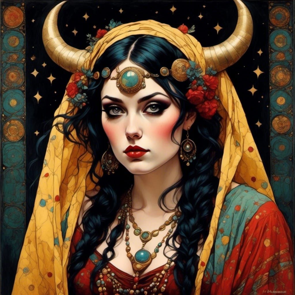 Cosmic Taurus Goddess in Surreal Bohemian Style