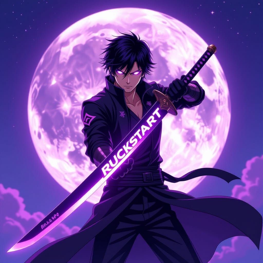 Anime Hero with Glowing Sword Under Purple Moon